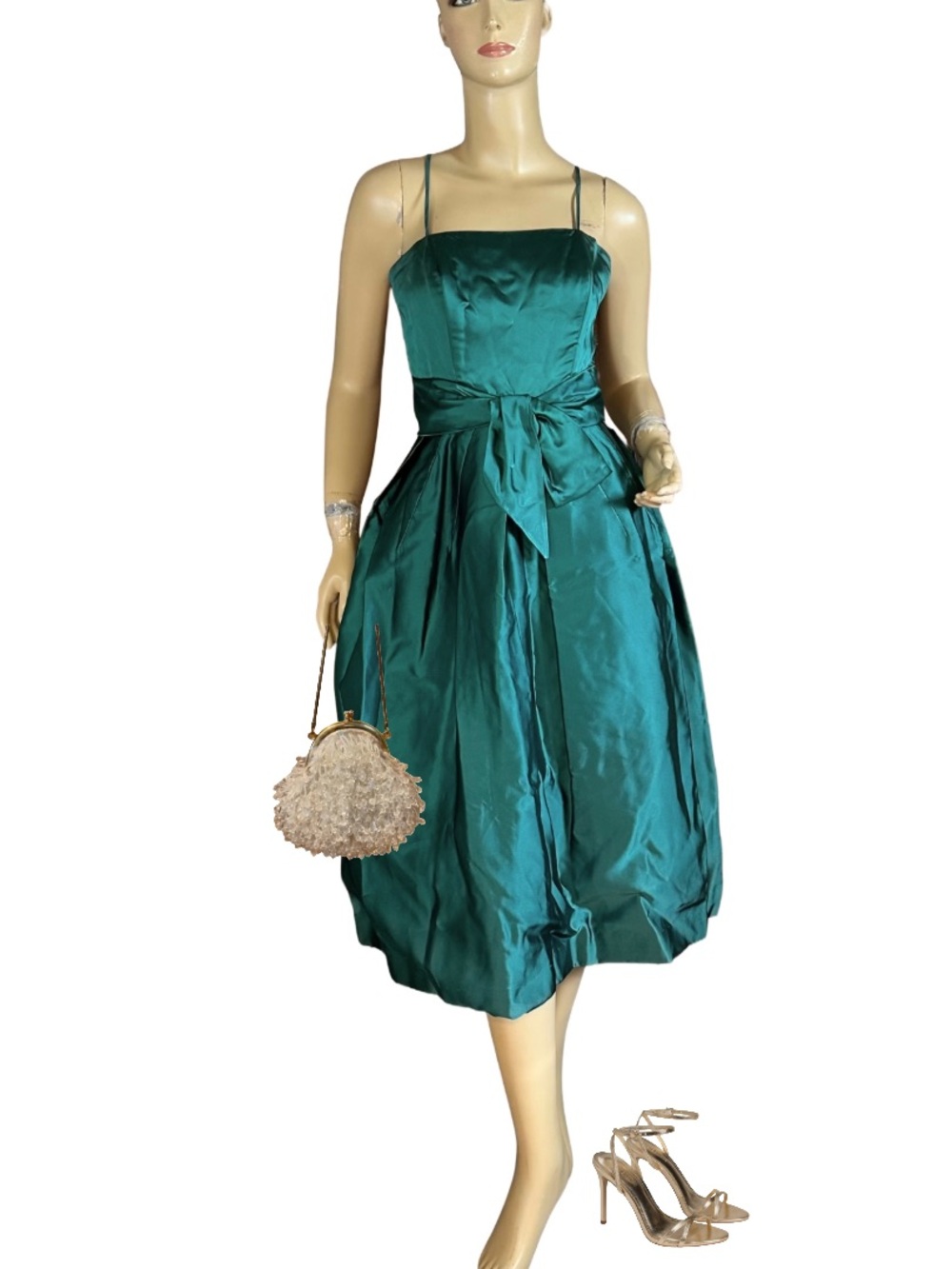VINTAGE 1950'S EMERALD GREEN SATIN PARTY DRESS (S)